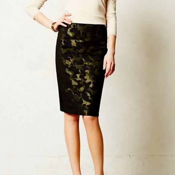 Anthropologie Maeve Jacquard Camo Khaki & Black Side Stripe Pencil Skirt 4 - Picture 3 of 16